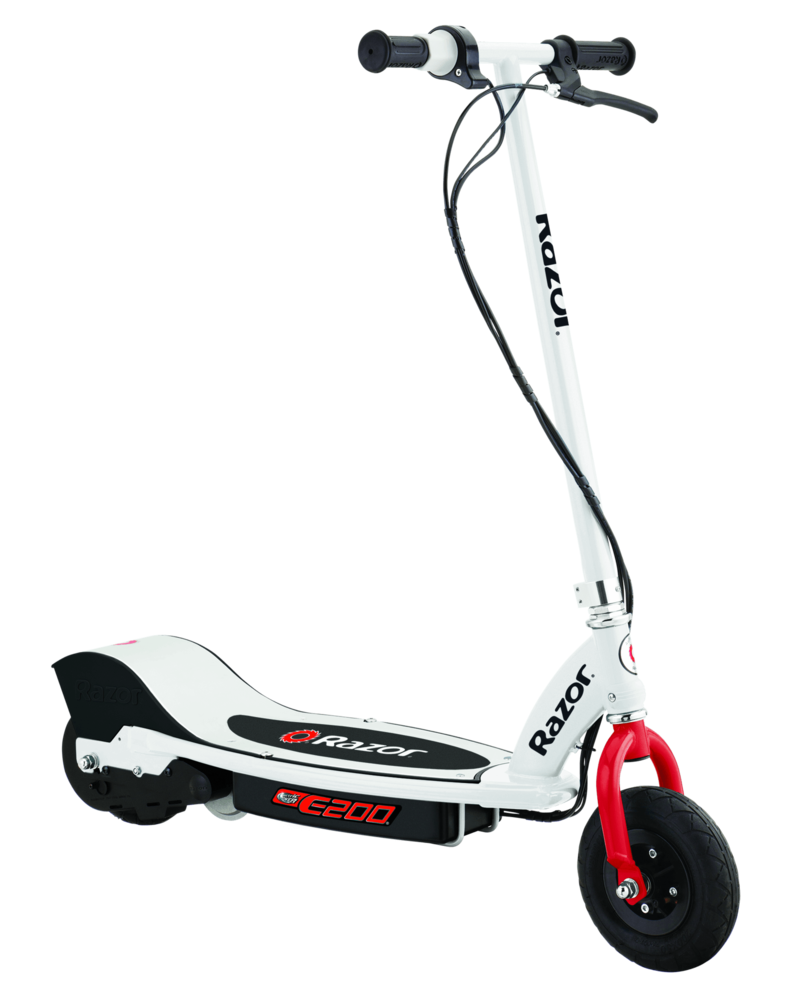 White, black and red E200 electric scooter designed and manufactured by Razor